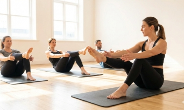 Fisioterapeuta en fisioterapia oceano Móstoles haciendo pilates suelo con gente